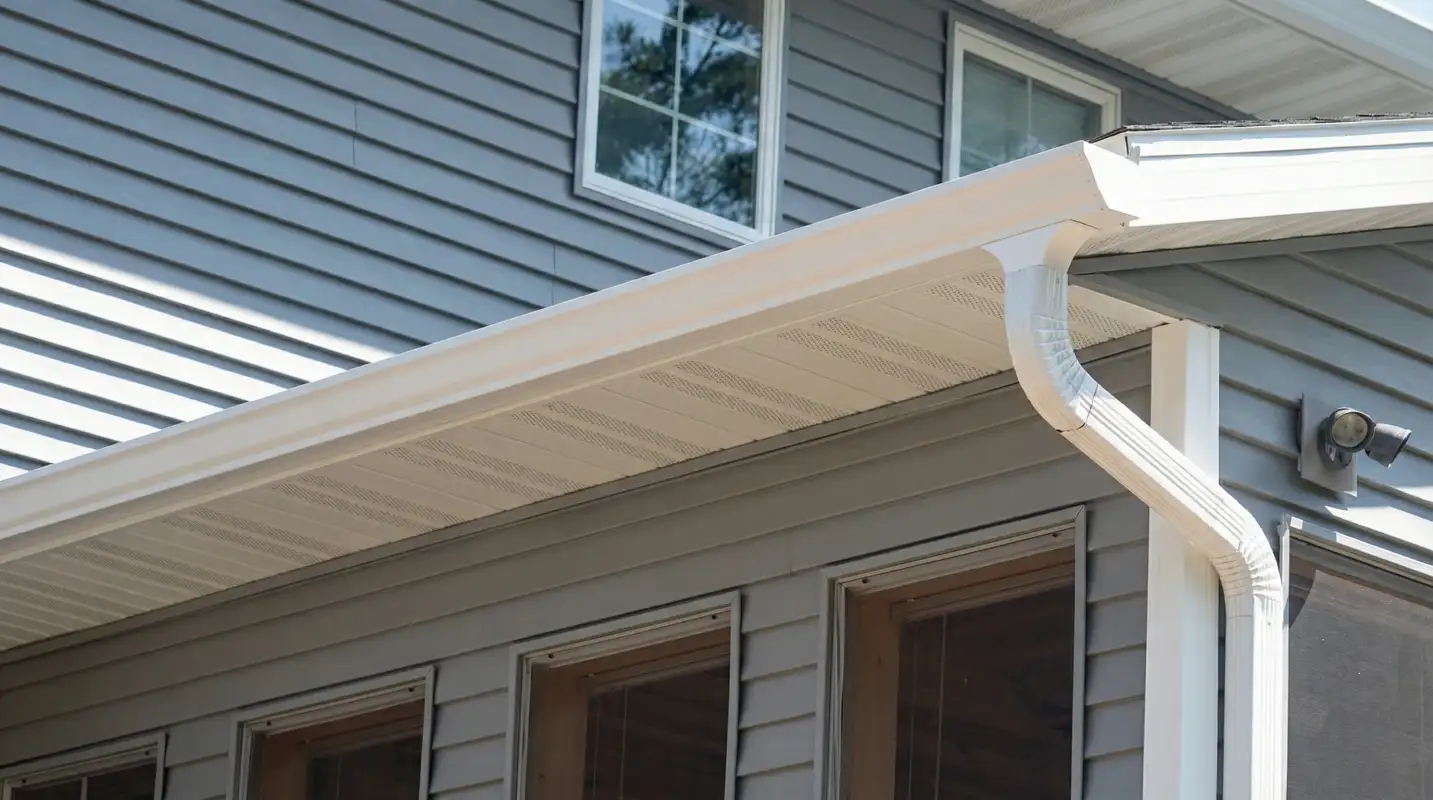 Professional home remodeling project showing newly installed white seamless gutters and downspouts on a house with gray siding in Anchorage, AK