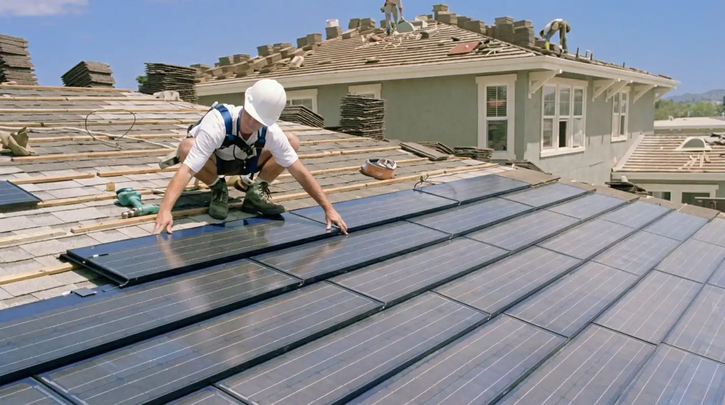Roof replacement expert installing modern solar shingles on a residential home in Anchorage, AK