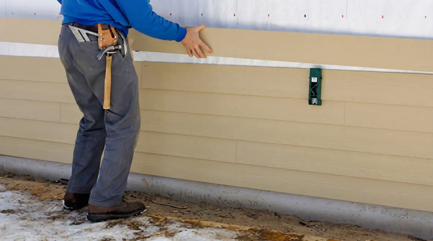 Siding replacement expert carefully aligning a new tan siding panel onto a residential exterior wall in Anchorage, AK