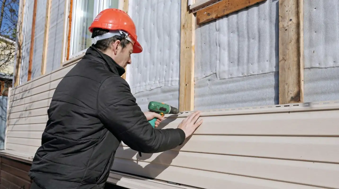 Siding replacement professional using a power drill to install new tan vinyl siding on a home exterior in Anchorage, AK