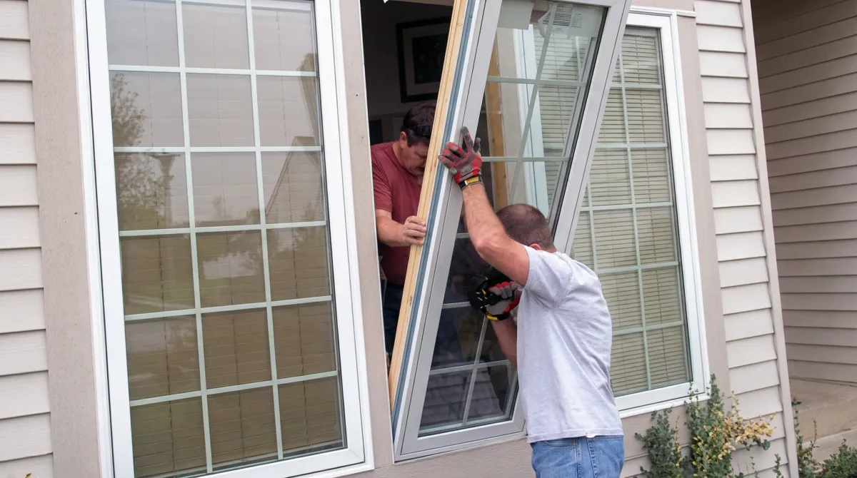 Professional home remodeling team installing a large replacement window on a house with tan siding in Anchorage, AK