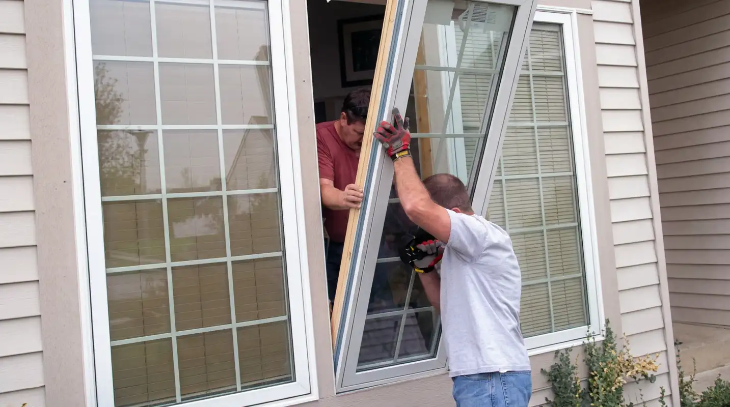 Professional home remodeling team installing a large replacement window on a house with tan siding in Anchorage, AK